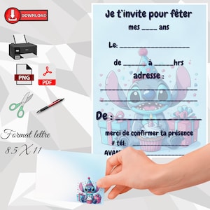 Children's party invitation card and matching envelope, STITCH, child, print - cut out - complete, size 8.5 x 11