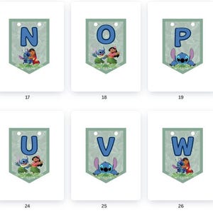 May include: A set of 12 printable alphabet flags featuring Stitch and Angel from the Disney movie Lilo & Stitch. Each flag has a different letter of the alphabet and a blue and green colour scheme.