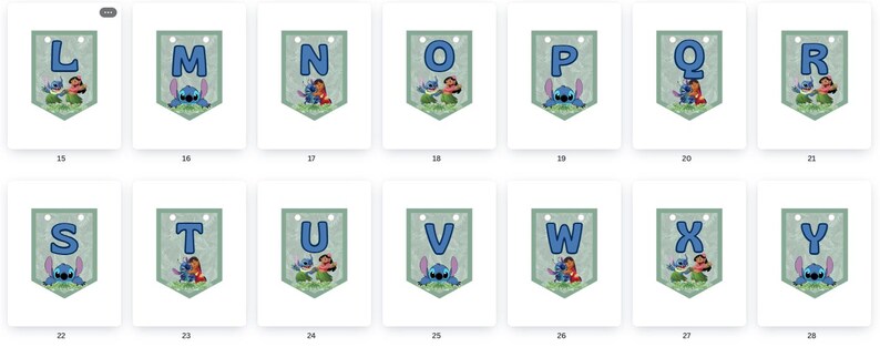May include: A set of 12 printable alphabet flags featuring Stitch and Angel from the Disney movie Lilo & Stitch. Each flag has a different letter of the alphabet and a blue and green colour scheme.