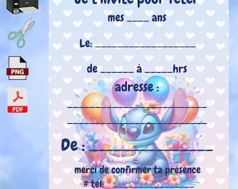 Invitation card and matching envelope, STITCH, child, print - cut - complete, 8.5 x 11 cm format