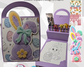 Coloring activity suitcase box with space for candy, SVG - Studio3 - PNG format, including 10 designer papers and 3 bunnies