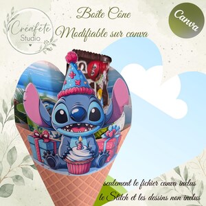 May include: A cone-shaped box template featuring a blue alien character wearing a party hat and holding a cupcake with a lit candle. The design includes gift boxes and text reading Boîte Cône, Modifiable sur canva, and Canva. The background is light.