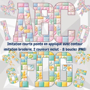 Peut inclure: Un motif patchwork avec les lettres ABC et les chiffres 1, 0, 6 et 5. Les lettres et les chiffres sont composés de divers carrés de tissu aux couleurs pastel. Des nœuds décoratifs sont dispersés autour des lettres et des chiffres. Le texte dit: Imitation courte pointe en appliqué avec contour imitation broderie, 2 couleurs inclut - 8 boucles (PNG).