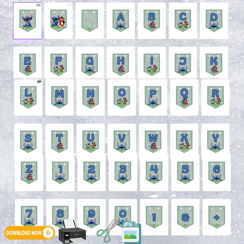 May include: Printable alphabet and number banner featuring Stitch and Angel from Lilo & Stitch. Each letter and number is on a separate banner with a blue, green, and white colour scheme.