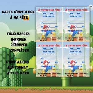 Carte invitation d'anniversaire enfant, Mario, imprimer - découper - compléter, format 8.5 x 11