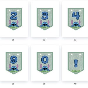 May include: A set of 12 printable banners featuring a blue cartoon character with a green background. The banners include the letters Z and numbers 1 through 10, an exclamation mark, and a plus sign.