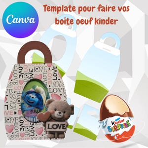 Peut inclure: Un modèle de boîte pour œuf Kinder Surprise, avec un Schtroumpf de dessin animé, un ours en peluche tenant un panneau "LOVE", et un œuf Kinder Surprise. Le design comprend le logo Canva et le texte "Template pour faire vos boîte oeuf kinder".
