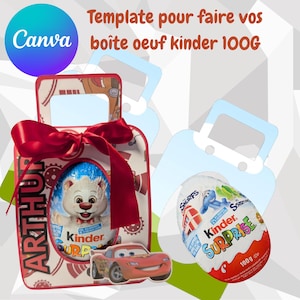 Peut inclure: Un modèle de boîte à œufs Kinder Surprise, avec un nœud rouge, un ours de dessin animé et une voiture de course rouge. La boîte porte le nom "ARTHUR" sur le côté et le texte "Template pour faire vos boîte oeuf kinder 100G".