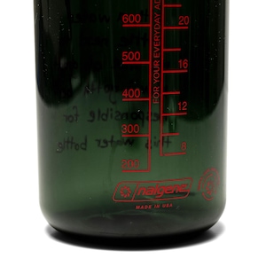 May include: A dark green Nalgene water bottle with red measurement markings and the text "FOR YOUR EVERYDAY ADVENTURE." The bottle has measurements in milliliters and ounces, and the brand name "nalgene" is visible.