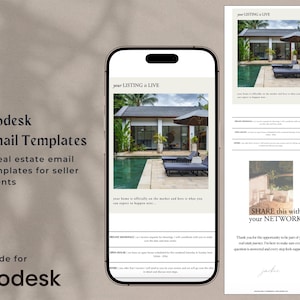 May include: A smartphone screen showcases a real estate email template. The image features a house with a pool and the words "your LISTING is LIVE". The text "Flodesk Email Templates" and "4 real estate email templates for seller clients" are also visible.