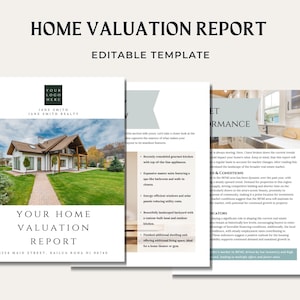 May include: A home valuation report template with a white background and black text. The report includes a photo of a house with a green lawn and a walkway leading to the front door. The text on the report includes the title "Home Valuation Report", "Editable Template", "Your Home Valuation Report", and "1234 Main Street, Kailua Kona HI 96740".