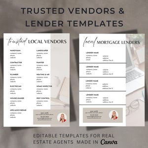 May include: Two templates for real estate agents. One lists "Trusted Local Vendors" with categories like handyman and plumber. The other lists "Local Mortgage Lenders." Both templates include space for contact information and are made in Canva.