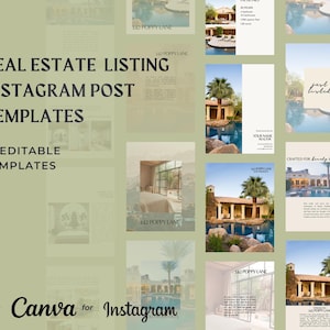 May include: A set of 16 editable Instagram post templates for real estate listings. The templates feature a variety of images of homes, including a modern home with a pool, a traditional home with a white picket fence, and a luxurious home with a large yard. The templates are designed to be used on Instagram to promote real estate listings.