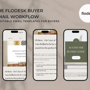 Op de afbeelding: Afbeelding van vijf smartphones met e-mailsjablonen. De tekst bovenaan luidt "THE FLODESK BUYER EMAIL WORKFLOW". De sjablonen hebben een neutraal kleurenpalet met tekst als "welcome to your buying journey" en "Access the Buyers Guide."