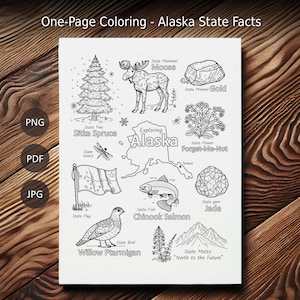 Kleurplaat Alaska - Feiten over de staat voor kinderen en volwassenen | Kleurplaat van één pagina | Leuke en educatieve afdrukbare kunst