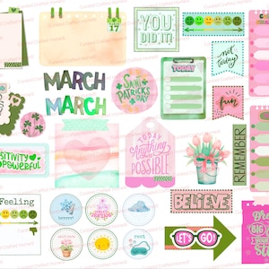 May include: A collection of pink and green planner stickers and decorative elements. Includes text like "March", "You Did It!", "Today", and "Believe". Features hearts, shamrocks, flowers, and mood indicators.