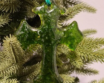 Fused Glass Cross | Ornament | Suncatcher | Clear Iridescent | Pine Green Glass