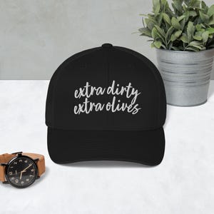 Extra Dirty Extra Olives Embroidered Trucker Cap | Fun Gift for Martini, Food Lovers & Chefs | Unique Adjustable Hat