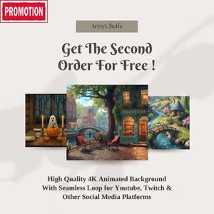 Peut inclure: Graphique promotionnel avec le texte "Get The Second Order For Free !" et "High Quality 4K Animated Background With Seamless Loop for Youtube, Twitch & Other Social Media Platforms." L'image comprend trois scènes d'arrière-plan animées.