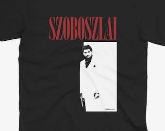 May include: Black t-shirt with a red graphic of a man in a white suit and the text "SZOBOSZLAI".