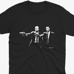 May include: Black t-shirt with a white graphic of two men in suits holding guns. The text "Pulp Fiction" is printed below the graphic.