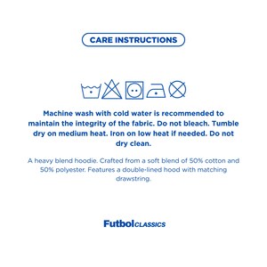 May include: White background with care instructions for a heavy blend hoodie. The text includes washing symbols, machine wash with cold water, do not bleach, tumble dry on medium heat, iron on low heat if needed, and do not dry clean.