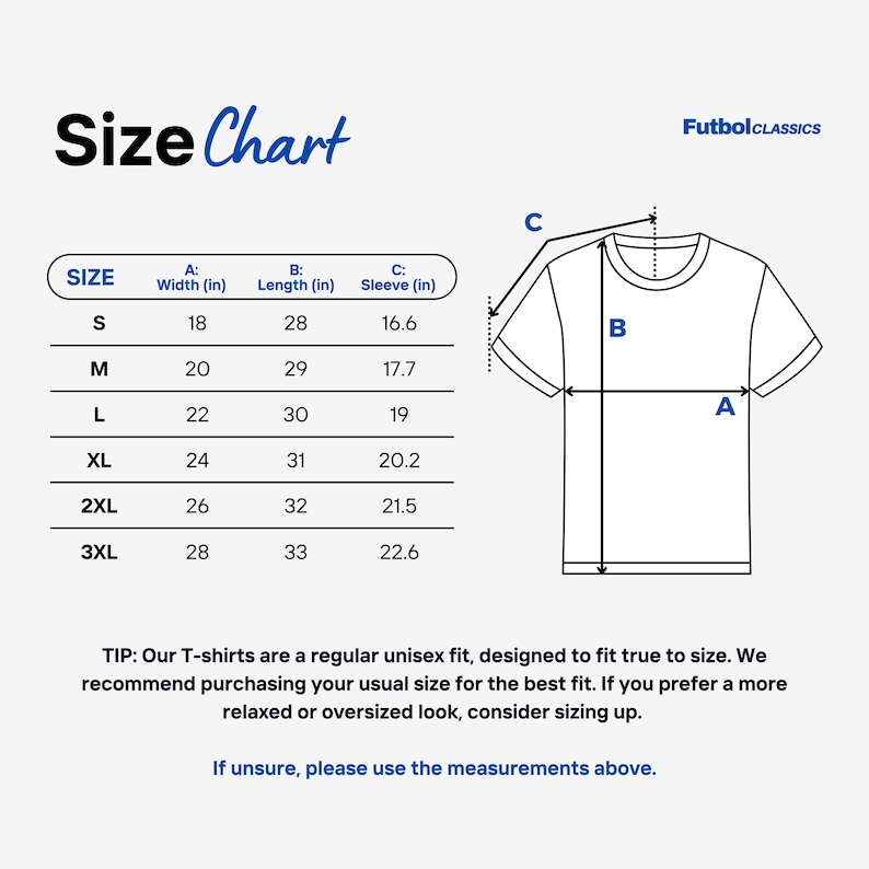 Op de afbeelding: Maattabel voor een T-shirt met afmetingen in inches voor breedte, lengte en mouwlengte. De tabel toont maten van S tot 3XL.