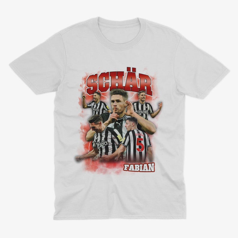May include: White t-shirt featuring a red and white graphic of a football player with the text "SCH&Auml;R FABIAN" on the front.
