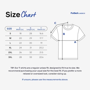 May include: Size chart for a t-shirt with measurements in inches for width, length, and sleeve length. The chart shows sizes from S to 3XL.