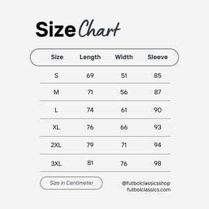 May include: Size chart for clothing in centimeters. The chart shows sizes S through 3XL with corresponding measurements for length, width, and sleeve length.