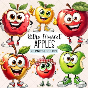 Puede incluir: Una colección de personajes de dibujos animados de manzanas con caras sonrientes, que llevan zapatillas deportivas. Las manzanas son rojas, amarillas y verdes, con hojas y tallos. El texto dice "Retro Mascot APPLES" con detalles sobre los archivos PNG.