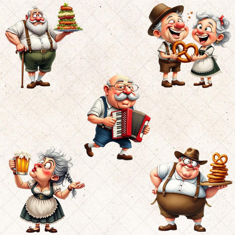 May include: A digital illustration featuring five cartoon characters in traditional German attire. The characters include a man with a walking stick and a sandwich, a couple with pretzels, a man playing an accordion, a woman with a beer, and a man with pretzels.