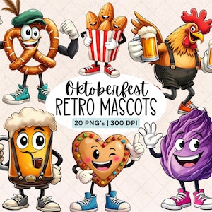May include: A collection of cartoon Oktoberfest retro mascots. The image features a pretzel, a box of almonds, a rooster holding a beer, a beer stein, a heart-shaped cookie, and a purple cabbage. The text "Oktoberfest Retro Mascots" is in the center.