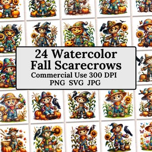 Watercolor Fall Scarecrow Bundle, 24 Charming Scarecrow Images in PNG SVG JPG, Digital Download, Commercial Use, Autumn Printable