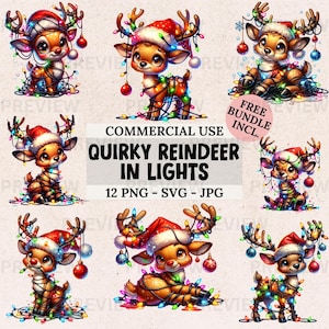 Acquerello Quirky Reindeer in Lights Clipart Set, 12 renne divertenti in PNG SVG JPG, renne di Natale, Junk Journal, pacchetto di sublimazione