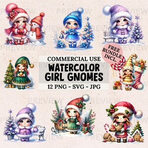 Conjunto de imágenes prediseñadas de gnomos de acuarela, 12 lindas imágenes de gnomos navideños en formato PNG SVG JPG, imágenes prediseñadas de gnomos festivos, archivos digitales de sublimación de vacaciones