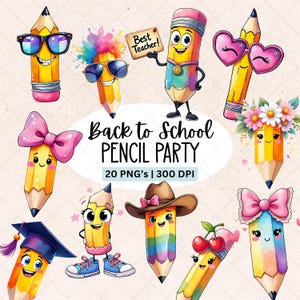Cute Pencil Clipart Bundle, Kawaii Pencil Cartoon PNG, Back to School Graphics, Instant Digital Download, Commercial Use PNG Set