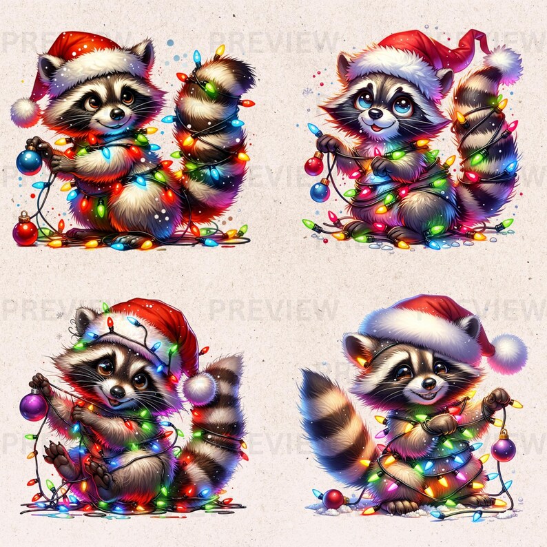 Watercolor Christmas Raccoon Clipart Set: Funny Lights Bundle (PNG SVG ...