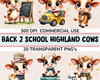 Clipart di mucca scozzese per il ritorno a scuola, simpatico animale da fattoria in formato PNG, grafica per insegnanti, download digitale istantaneo, uso commerciale