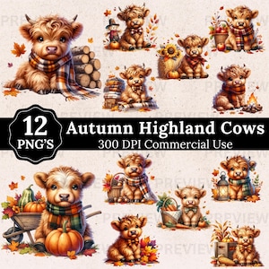 Conjunto PNG de vaca de las tierras altas de otoño, 12 imágenes prediseñadas de vaca de las tierras altas de otoño, lindo bebé vaca de las tierras altas PNG, diseño de sublimación de otoño, descarga instantánea