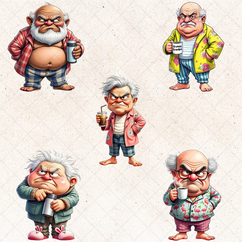 Grumpy Coffee Grandpa Clipart Set, Quirky Old Men PNG Bundle, 20 Senior ...