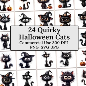 Quirky Cat Halloween Clipart Bundle, 24 Cute Halloween Black Cat Images, Spooky Black Cats, Digital Download PNG SVG JPG, Commercial Use