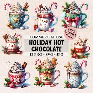Vakantie warme chocolademelk clipartset, 12 aquarel kerstmok afbeeldingen in PNG SVG JPG, kerstvakantie sublimatie ontwerp direct downloaden