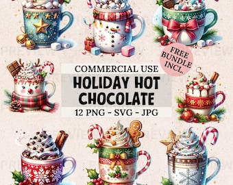 Watercolor Christmas Hot Chocolate Clipart: Holiday Mug Designs (PNG SVG JPG Digital Download)