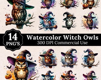 Clipart de búhos brujos en acuarela: Diseños espeluznantes de Halloween (Descarga digital)