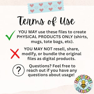 May include: A digital art usage guide with the title "Terms of Use". The text states that the files can be used to create physical products like shirts and mugs, but not for reselling digital files. A green checkmark and red X are included.