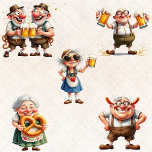 May include: A collection of cartoon illustrations featuring elderly characters in traditional German attire. The images include figures holding beer steins, pretzels, and wearing hats. The color palette is warm, with browns, greens, and yellows dominating the scene.