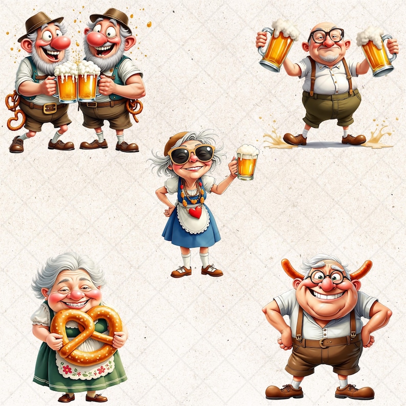 May include: A collection of cartoon illustrations featuring elderly characters in traditional German attire. The images include figures holding beer steins, pretzels, and wearing hats. The color palette is warm, with browns, greens, and yellows dominating the scene.