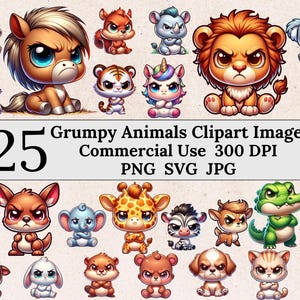 Funny Grumpy Animals Clipart Bundle, 25 Whimsical Animal Illustrations in PNG JPG SVG, Commercial Use, Cartoon Prints, Tote Bags, Mugs