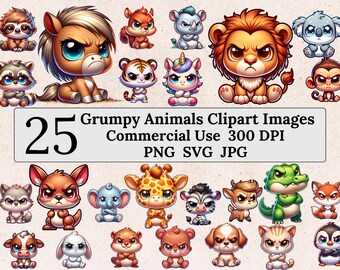 Funny Grumpy Animals Clipart Bundle, 25 Whimsical Animal Illustrations in PNG JPG SVG, Commercial Use, Cartoon Prints, Tote Bags, Mugs